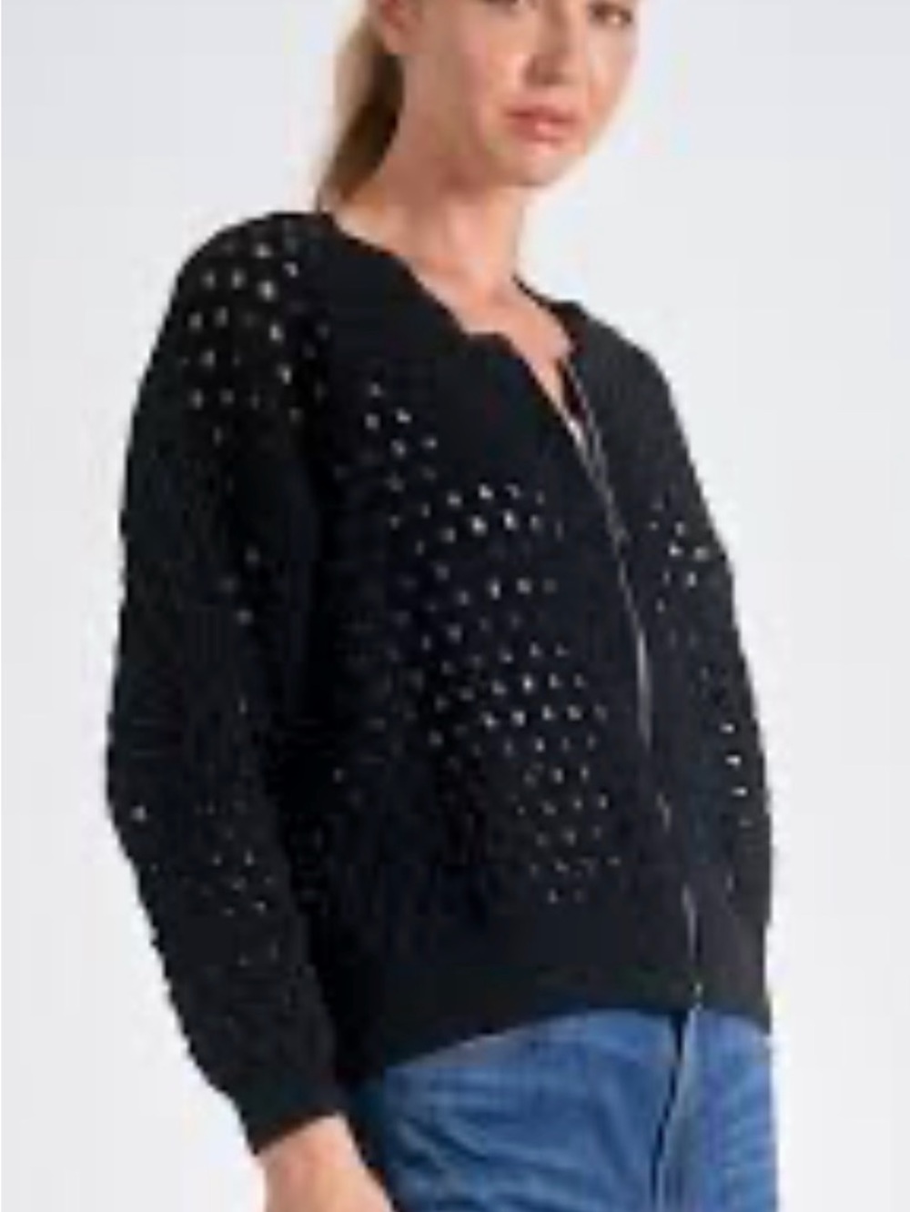 Elan Black Open-Weave Zip Front Cardigan